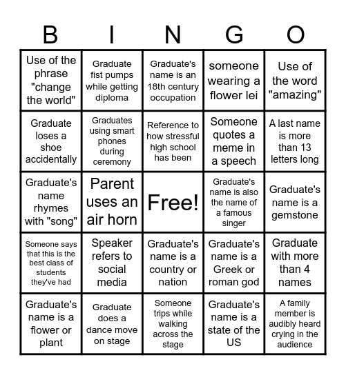 Graduation Bingo Card