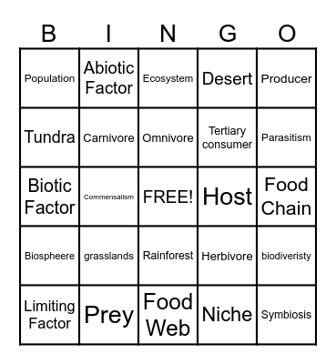 Ecology Bingo Card