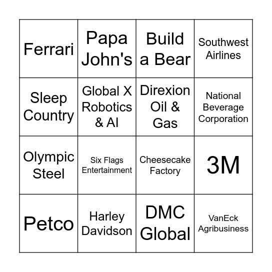 Stock Symbols Bingo Card