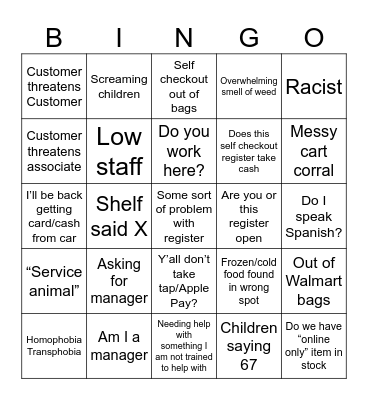 Walmart employee bingo Card
