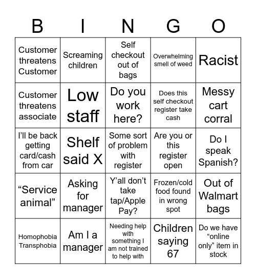 Walmart employee bingo Card