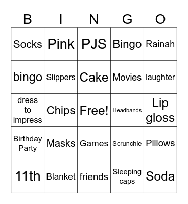 Rainah's Birthday Party Bingo Card