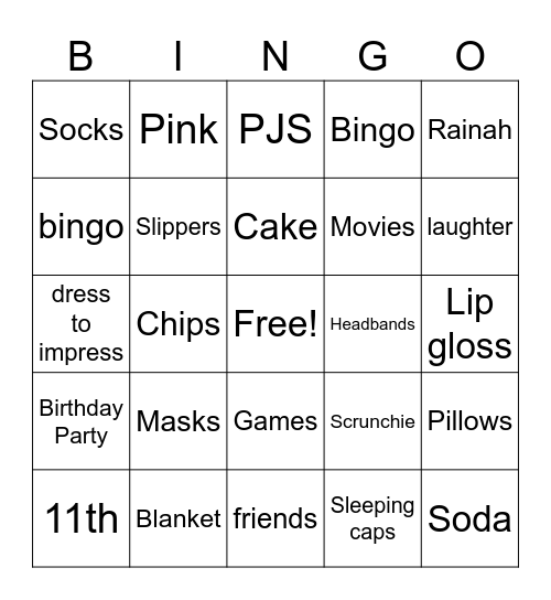 Rainah's Birthday Party Bingo Card