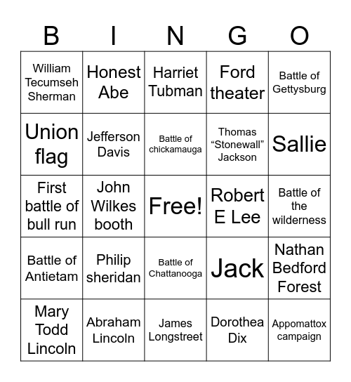 Civil War BINGO Card
