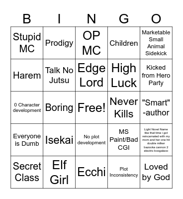Trash Anime Bingo! Bingo Card