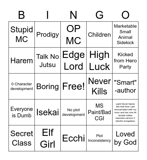 Trash Anime Bingo! Bingo Card