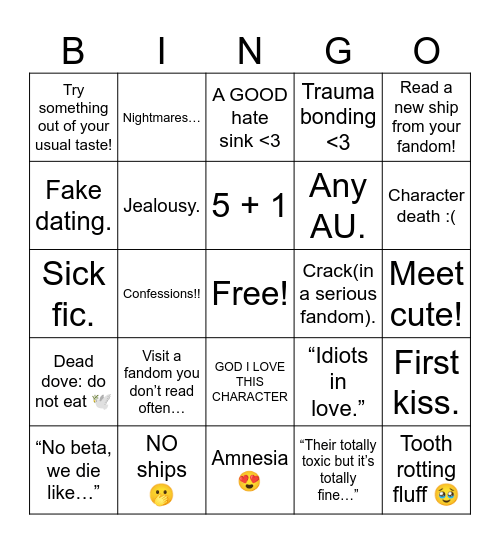 Fanfic Bingo. Bingo Card