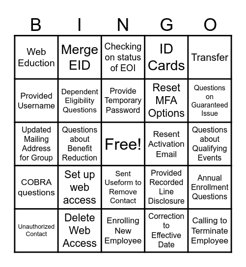 job shadowing Bingo Card