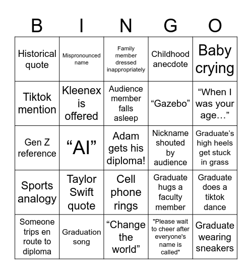 Adam's Graduation Bingo Card