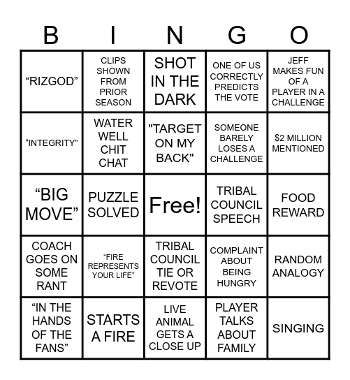 Survivor 50 Bingo Card