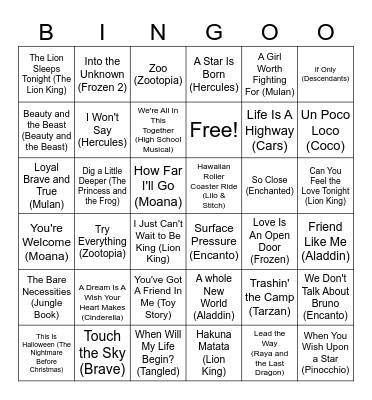Disney Song Bingo Card