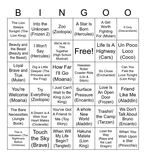 Disney Song Bingo Card