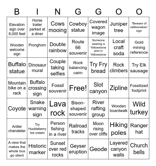 National Parks Black Out BINGO Card