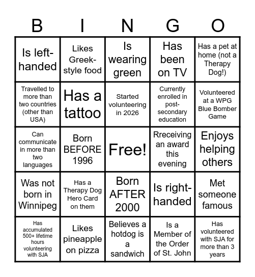 SJA Volunteer Bingo! Bingo Card