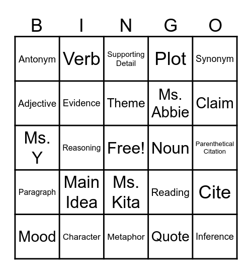 Mrs. Y's ELA Bingo Card