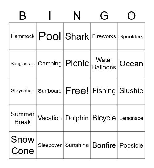 Summer Vacation! Bingo Card