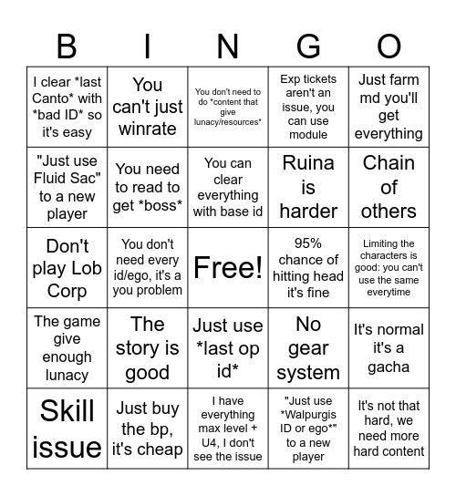 Limbus bad arguments Bingo Card