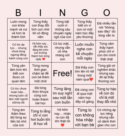 3A1 BINGO CẢM ĐỘNG DÀNH CHO BỐ MẸ Bingo Card