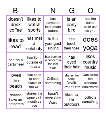 Find Someone Who Bingo Card