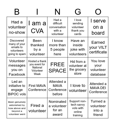MAVA Conference BINGO Card