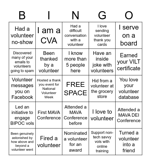 MAVA Conference BINGO Card