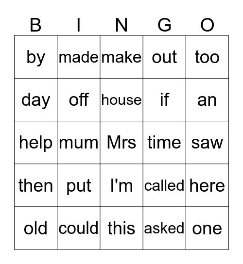 Word Bingo Card