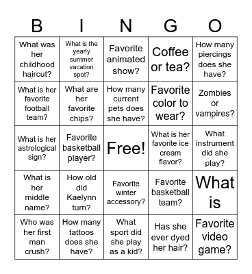 Kaelynn's Birthday Bingo Card