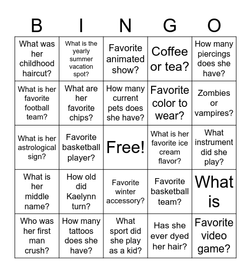 Kaelynn's Birthday Bingo Card