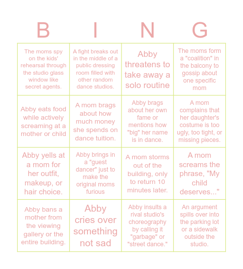 dance moms Bingo Card