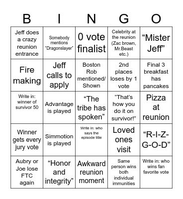 Survivor 50 Finale bingo Card