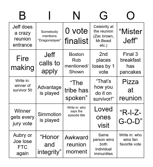 Survivor 50 Finale bingo Card