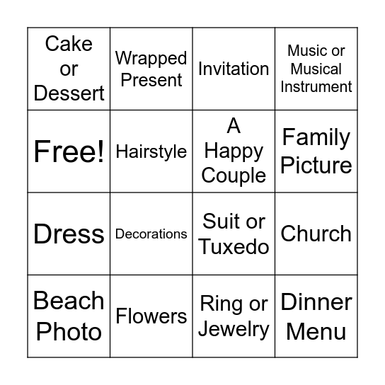 Wedding Bingo Card