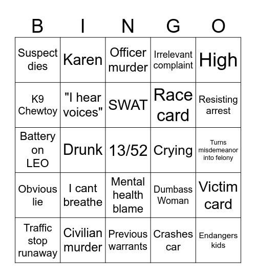 Bodycam Bingo Card