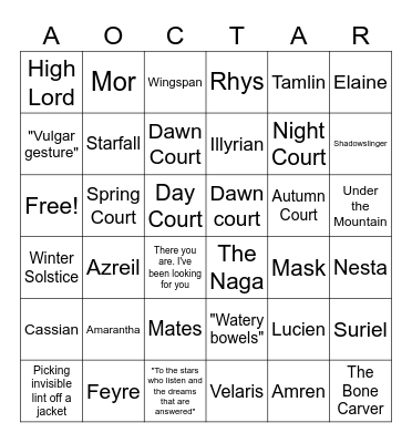 A Court of Thorn and Roses BINGO Card