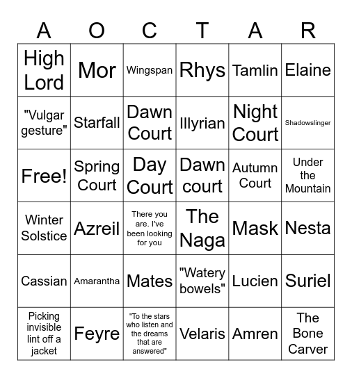 A Court of Thorn and Roses BINGO Card
