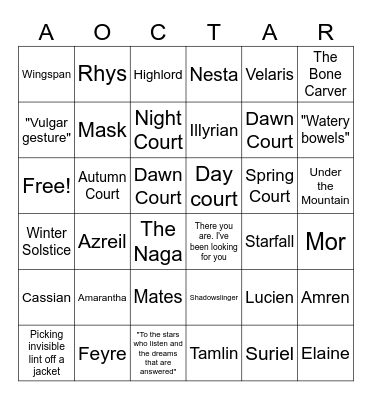 A Court of Thorn and Roses BINGO Card