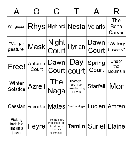 A Court of Thorn and Roses BINGO Card