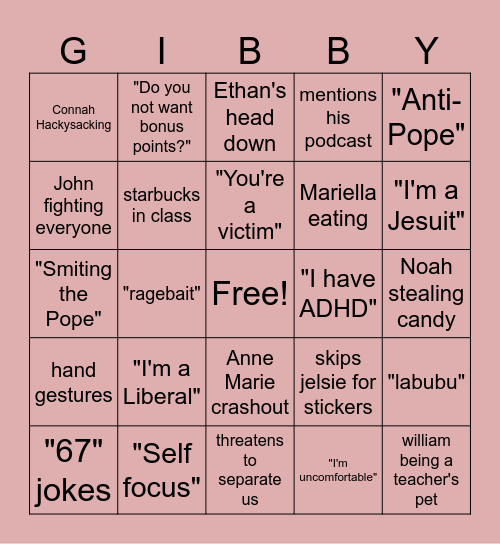 Gibby Class Bingo Card