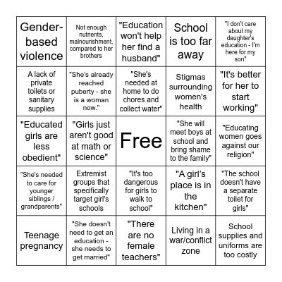 Common barriers and reasons against girls education Bingo Card