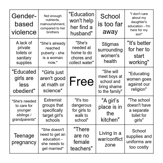 Common barriers and reasons against girls education Bingo Card
