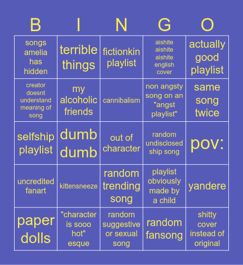 fuckass character playlist bingo Card