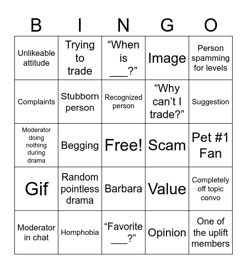 Adopt me Discord bingo Card