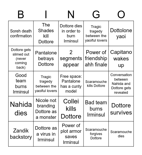 Genshin 6.6 update Bingo Card