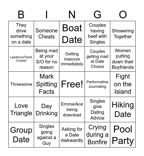 Temptation Island Bingo Card