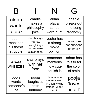 dinner party bingo Card