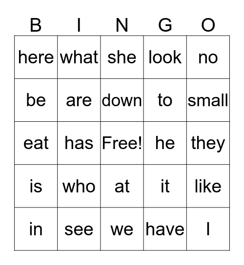Sight word  Bingo Card