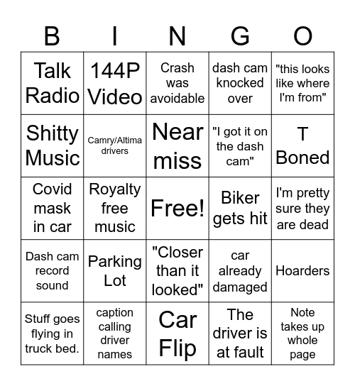 Car Crash Complication Bingo Card