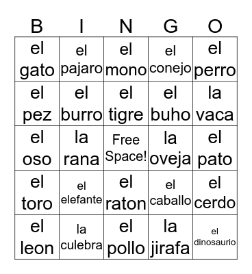 Los animales 2  Bingo Card
