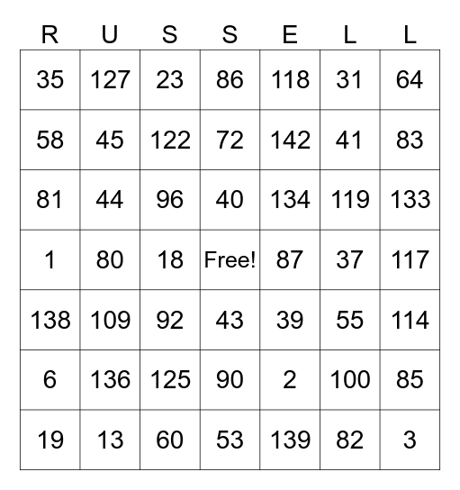 1 Bingo Card