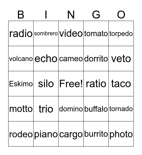 Words Ending in o Bingo Card